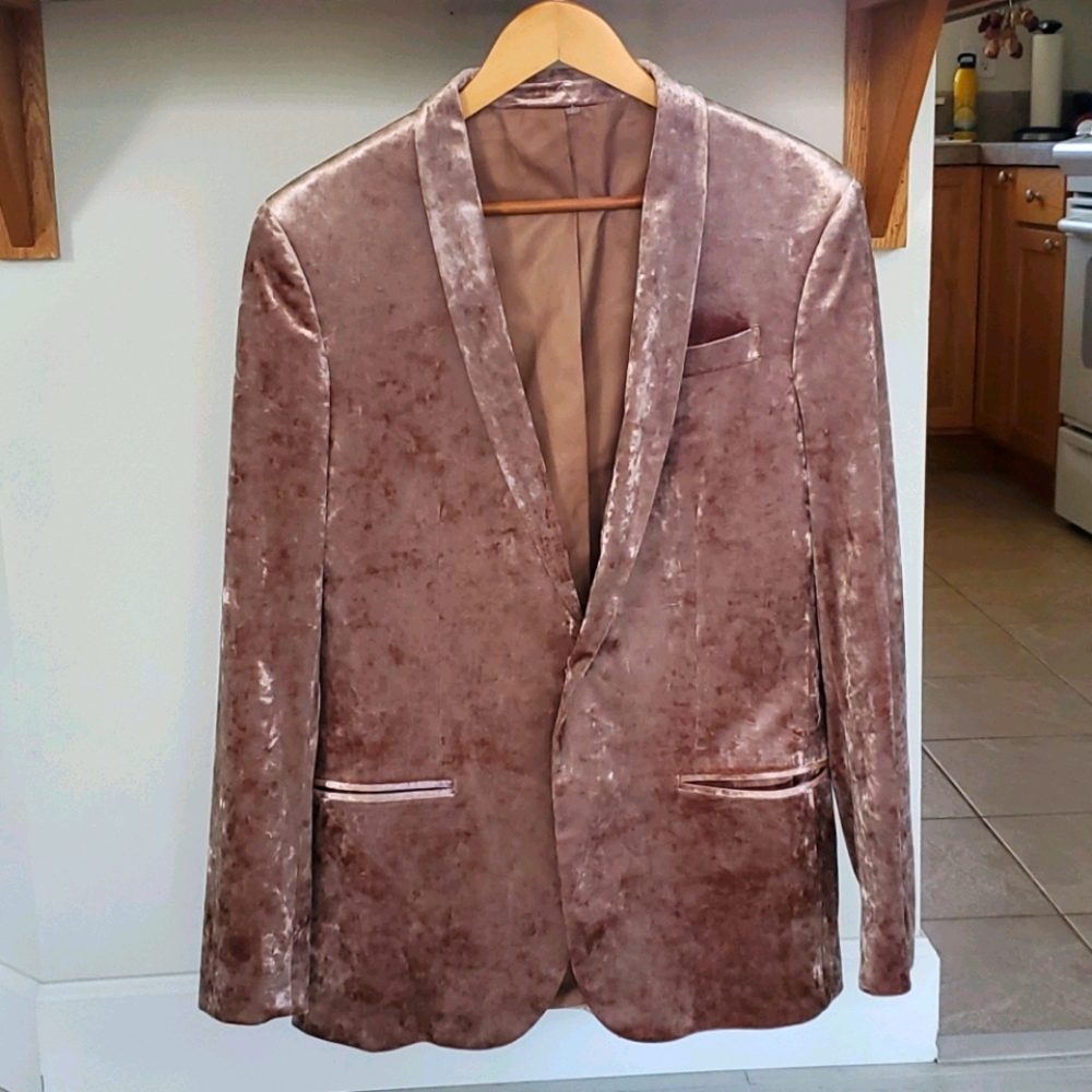 J.Ferrar Rose Gold Crushed Velvet Blazer Slim
